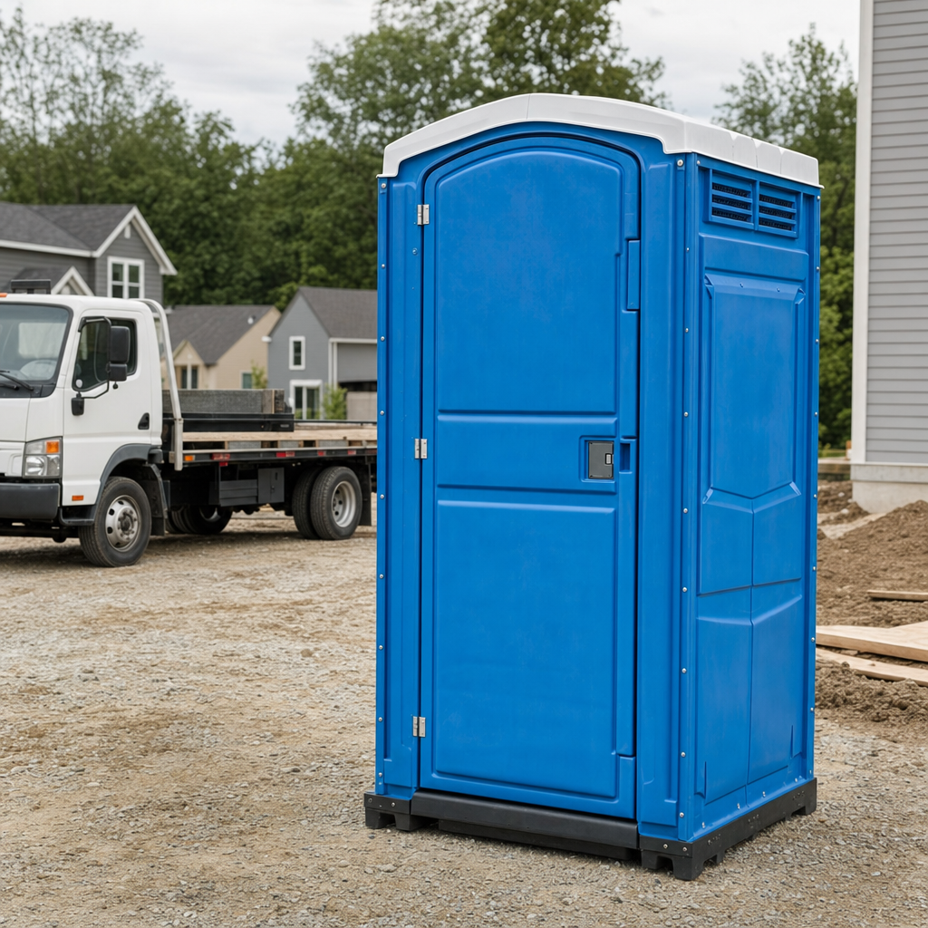 Delivery driver positioning a clean royal-blue portable toilet on level ground at a Olympia worksite