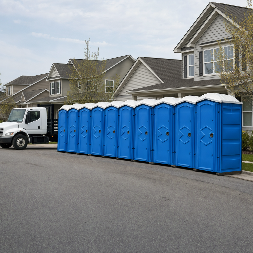 Royal blue portable toilets staged in a tidy row at a Olympia jobsite, ready for delivery